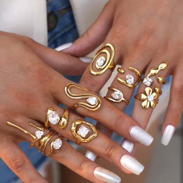 Summer Ladies 18K Gold Plated Stainless Steel Cubic Zirconia Ring Adjustable Size Elegant Luxury Romantic Jewelry Accessories