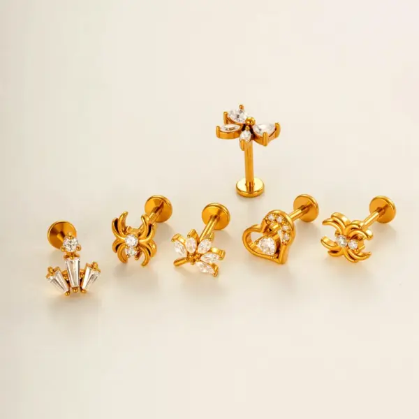 Wholesale Minimalist 316 Stainless Steel Internal Thread Micro Pave Zircon Fashion Spider Heart Lip Stud Ear Bone Stud Soft Cartilage Piercing Ear Jewelry