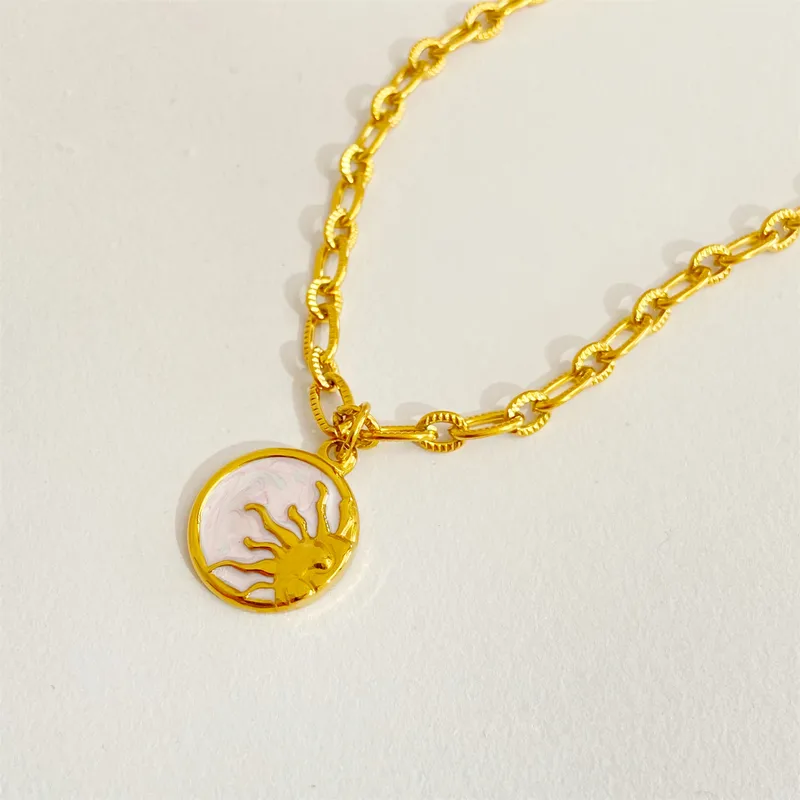 Wholesale 201 Stainless Steel 304 Stainless Steel Shell Retro Enamel Plating Inlay Sun Moon Shell Zircon Pendant Necklace