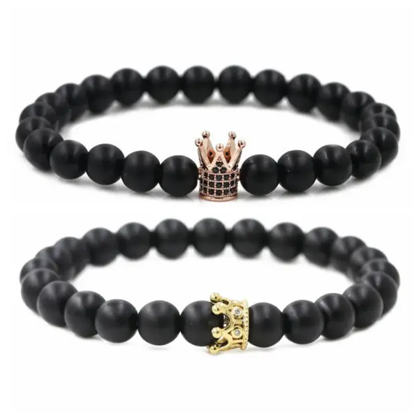 Wholesale Hot Sale Matte Black Stone Micro Inlaid Zircon Crown Couple Bracelet Copper Beads Bracelet Wholesale Nihaojewelry