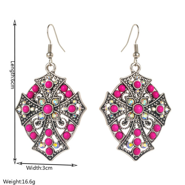 Wholesale Turquoise earrings, vintage and exaggerated, diamond-encrusted cross turquoise pendant ear hooks, ethnic style earrings for women.