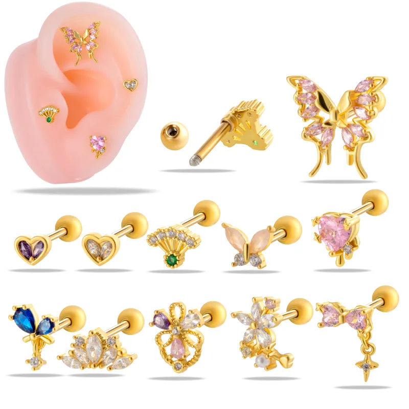 Wholesale 1 Piece Ear Cartilage Rings & Studs IG Style Vintage Style Simple Style Heart Shape Flower Butterfly 316L Stainless Steel Copper Waterpr