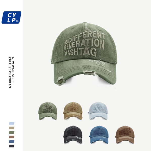 Wholesale American-style letter embroidered baseball cap men's and women's same Style Street heavy work washed denim ripped peaked cap makes face look small