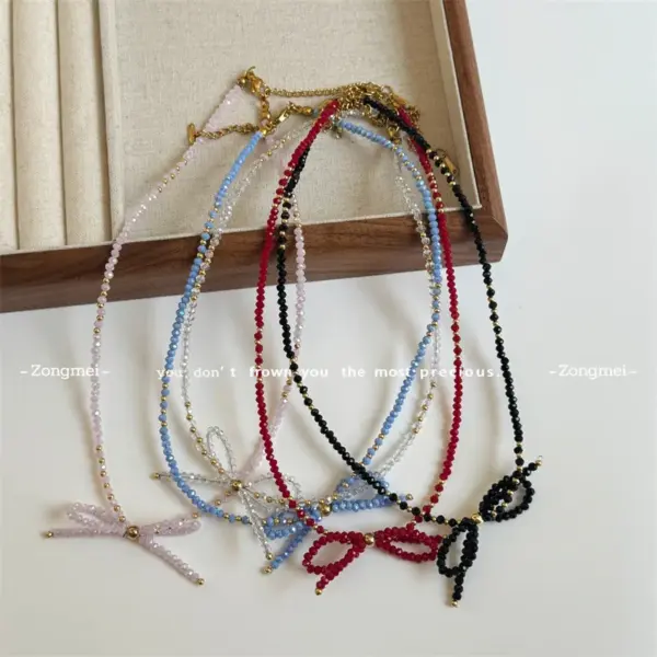 Wholesale IG Style Sweet Shiny Bow Knot Crystal Titanium Steel Necklace In Bulk