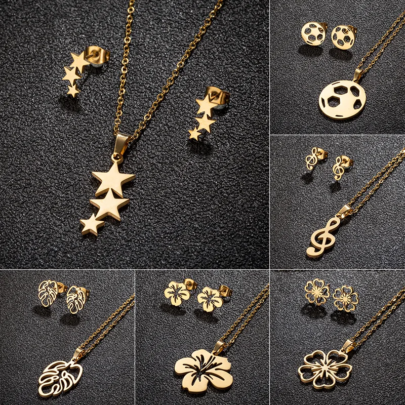 Wholesale Ion Plating (IP) 18K Gold Real Gold Plated Star Flower Notes 201 Stainless Steel Simple Style Commute Waterproof Non Tarnish Jewelry Set