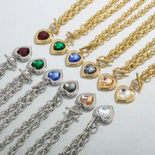 Wholesale Fashion Heart Shape Stainless Steel Plating Inlay Glass Bracelets Earrings Necklace
