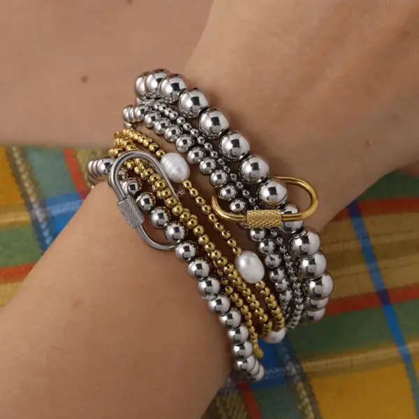 Wholesale Stainless Steel 18K Gold Plated Multi-Layer Beaded Elastic Rope Bracelet Casual Everyday Date Selfie Festival Geometric Pattern