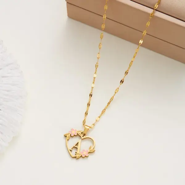 201 Stainless Steel Letter Heart Shape Flower Rack Plated KC Golden Plated Fairy Style Elegant Sweet Asymmetrical Enamel Lip Chain Gold Pendant Necklace