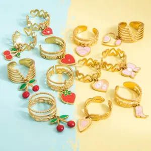Wholesale PVD Coated Real Gold Plated Cherry Heart Shape Eye 304 Stainless Steel Cute Waterproof Non Tarnish Charm Rings Open Rings