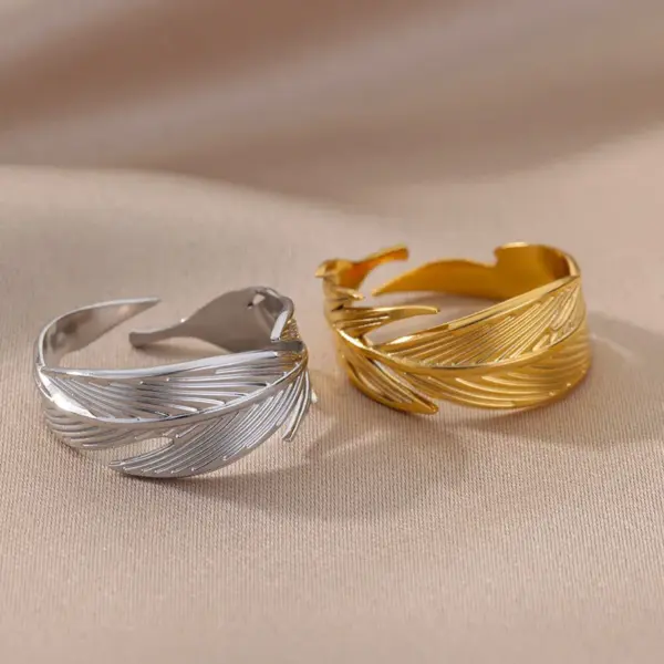 PVD Coated Real Gold Plated Leaf Stainless Steel Fashion Waterproof Non Tarnish Open Ring