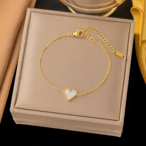4 [Ae52] White Shell Heart Bracelet Gold 16 5cm