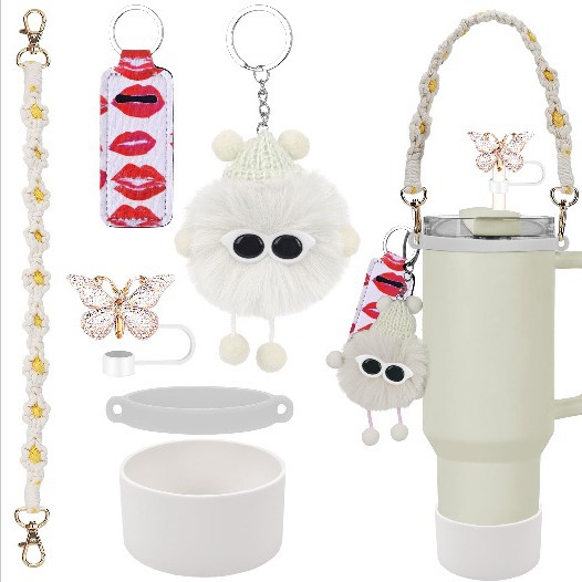 Wholesale Stanley Cup Pendant Small Coal Ball Elf Plush Pendant Ins Net Red Butterfly Straw Cap Cup Set Cup Chain Accessories