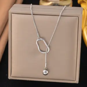 【H1215】Pull Ball Bead Chain Necklace / Steel Color