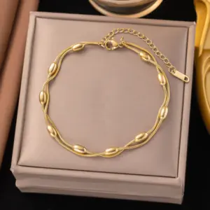 QYB5029 Oval Bead Snake Chain Anklet / Gold