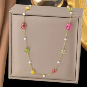[Ah208] Ornamental Stone Pearl Necklace / Gold