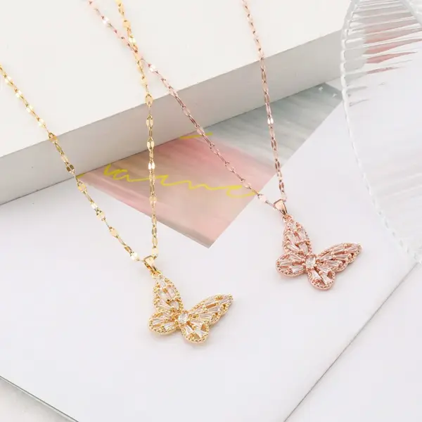 Wholesale Fashion Butterfly Titanium Steel Plating Zircon Pendant Necklace