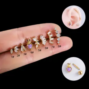 1 Piece 316L Stainless Steel Copper Zircon Ear Cartilage Rings & Studs Heart Shape Waterproof Non Tarnish Surgical Steel