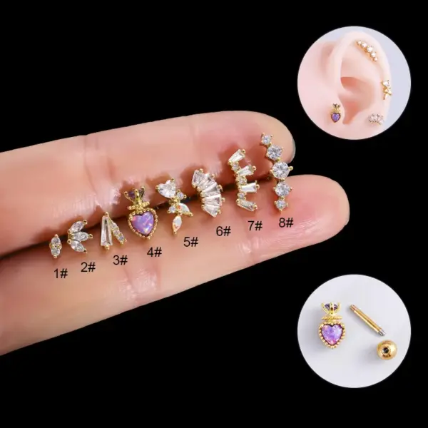 1 Piece 316L Stainless Steel Copper Zircon Ear Cartilage Rings & Studs Heart Shape Waterproof Non Tarnish Surgical Steel