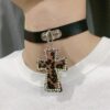 Wholesale Original homemade handmade personalized niche hot girl jewelry genuine leather leopard-print Diamond-embedded cross necklace collar