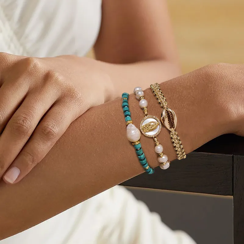 Wholesale Beach Modern Style Geometric Shell Turquoise Freshwater Pearl Shell Bracelets