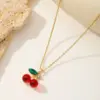 Wholesale Jewelry Cute Sweet Cherry Strawberry 304 Stainless Steel Copper Zircon 18K Gold Plated Enamel Inlay Pendant Necklace