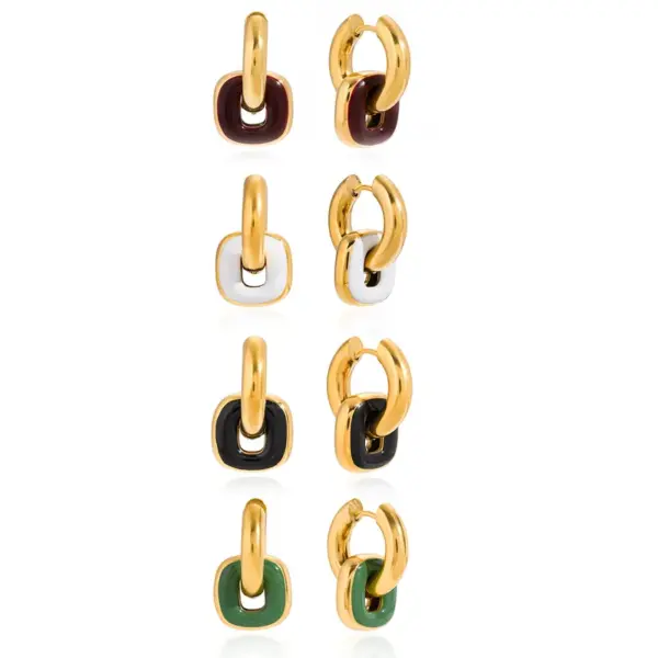 Wholesale Women's Style - Minimalist Style / 18K Gold Stainless Steel + Oil Drop / White / Black / Burgundy / Green Oil Drop Double Hoop Earrings Pair