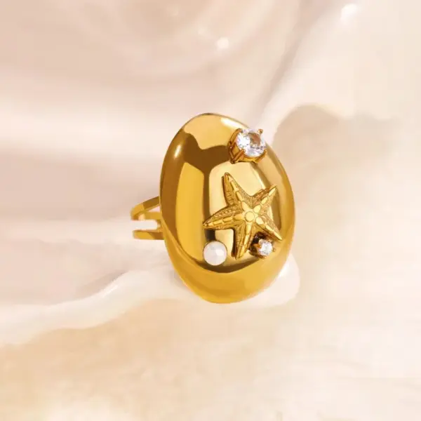 Wholesale PVD Coated Real Gold Plated Starfish Shell 304 Stainless Steel Elegant Lady Waterproof Non Tarnish Open Rings