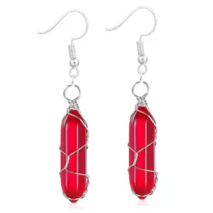 Silver Transparent Red Earrings / Wire-Wound Hexagon Prism Earrings