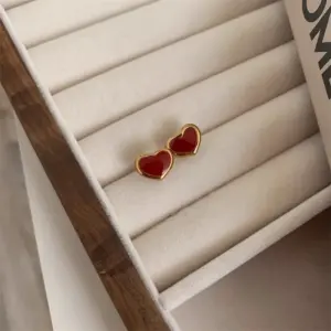 E03047-Red Heart Stud Earrings- Gold