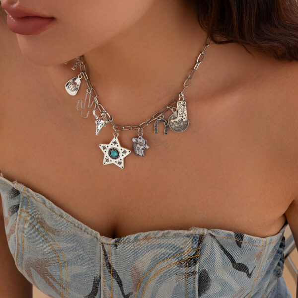 oly-98816b5a8ac2a02a368f1a307169d4df Wholesale Jewelry Stacked with Cow Head Western Style Short Clavicle Chain Maillard Retro Ethnic Imitation Turquoise Necklace