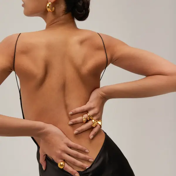 Wholesale 304 Stainless Steel Water Droplets Solid Color PVD Coated 18K Real Gold Plated Real Gold Plated Vacation Simple Style IG Style Waterproof Non Tarnish Asymmetrical Gold Open Rings Rings