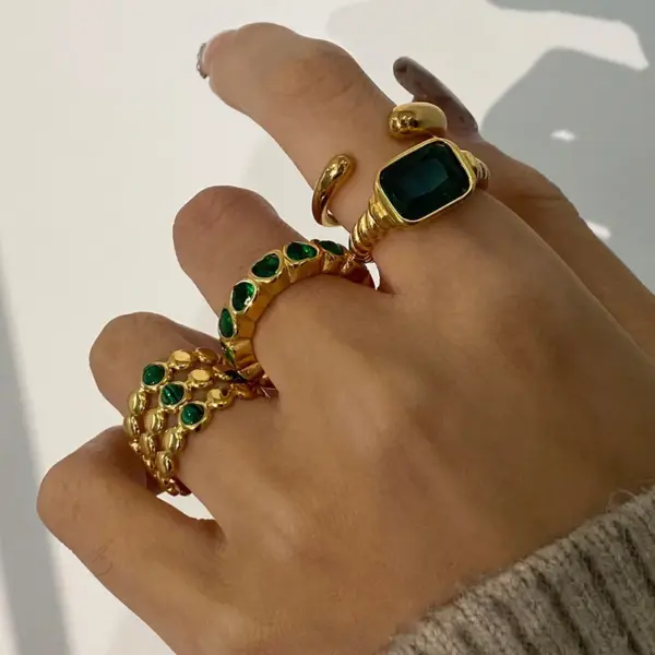 304 Stainless Steel Geometric PVD Coated Zircon Real Gold Plated Vintage Style French Style Waterproof Non Tarnish Plating Rings