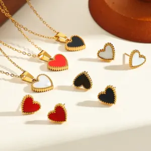 Wholesale Elegant Vintage Heart Shell Necklace Earring Jewelry Set Stainless Steel Gold Plated Cable Chain Classic Style For Women
