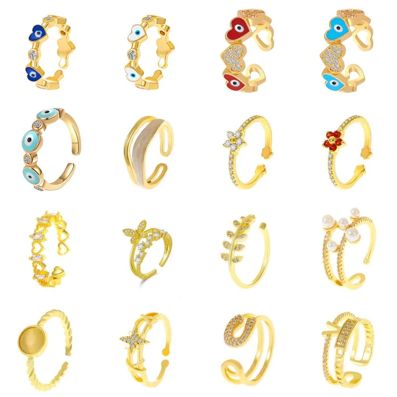 Wholesale Lady Fashion Shiny Devil's Eye Heart Shape Flower Copper Plating Inlay Artificial Rhinestones Artificial Pearls Zircon Open Ring Rings