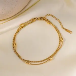Qyb5031 Bead Twist Double Chain Anklet / Gold