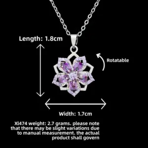 XL474 Rotating Full Purple Five-Petal Flower Necklace / Silver