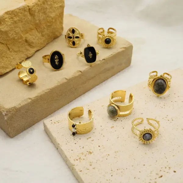 PVD Coated 14K Gold Real Gold Plated Geometric 304 Stainless Steel Vintage Style Waterproof Non Tarnish Open Ring