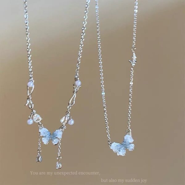 oly-98ed6dc5815cad4cc3c4c0becd05db3b Wholesale Ice Crystal Gradient Pearl Butterfly Tassel Necklace Women's Ins Summer Exquisite High-grade Clavicle Chain Sweet Cool Girl Necklace