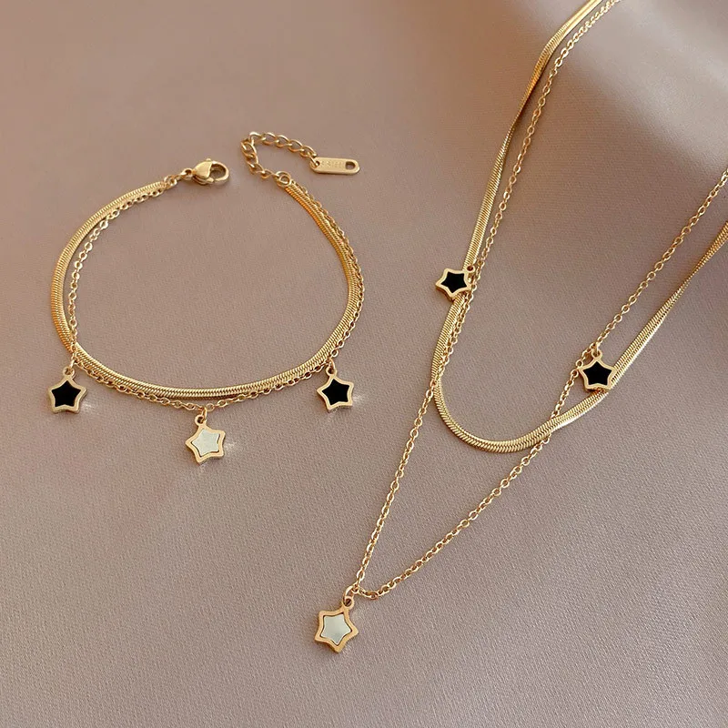Wholesale PVD Coated Real Gold Plated Star 304 Stainless Steel Fashion Waterproof Non Tarnish Bracelets Necklace