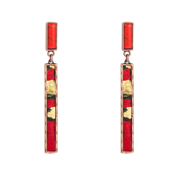 Wholesale European and American exaggerated personality long leather earrings alloy inlaid turquoise red brown leopard print leather temperament party earrings