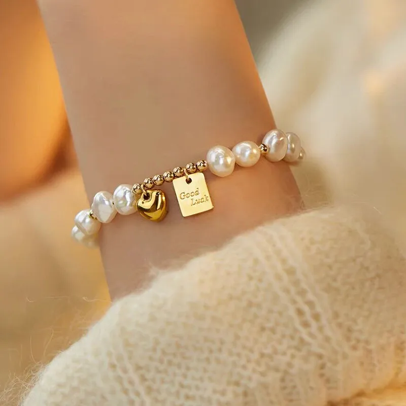Wholesale Elegant Retro Letter Heart Shape Freshwater Pearl Mixed Materials Bracelets In Bulk