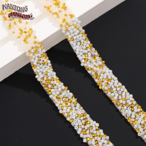 1 white rice beads + pointed golden rhinestones / 1.5cm double-layer hot melt adhesive rice beads rhinestone hot drill strip