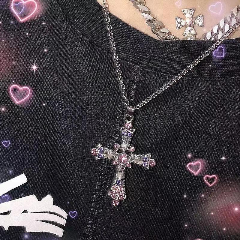 Wholesale Gothic Bohemian Style Crystal Diamond Color Cross Pendant European and American Festival Jewelry Girl's Collarbone Necklace