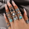 Wholesale Cross-border hot sale turquoise ring vintage carved black gem ring personality turtle flower combination 16-piece set for women