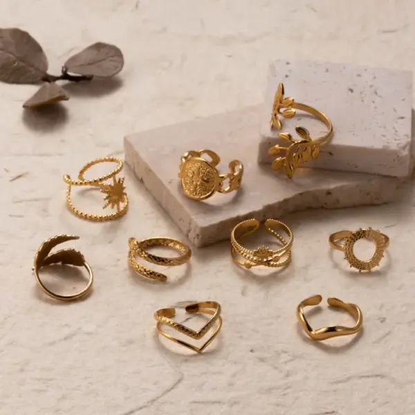 Wholesale PVD Coated Leaf Solid Color 304 Stainless Steel INS Style Simple Style Waterproof Non Tarnish Open Ring