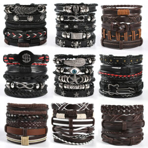 Wholesale Cross-Border European and American Men's Woven Leather Bracelets, Multi-Layered Set Skull Bracelets, Genuine Leather Bracelets