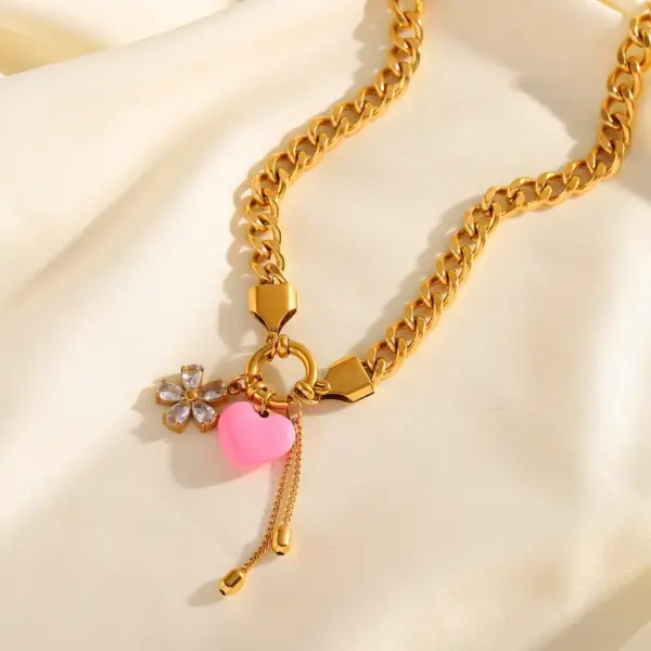 Wholesale Ion Plating (IP) 18K Gold Plated Heart Shape Flower 304 Stainless Steel Casual Cute Sweet Multi Charms Bracelet Necklace