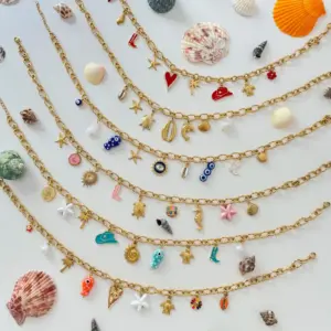 Wholesale 304 Stainless Steel Irregular Vacuum Plating Zircon 18K Gold Plated Marine Style O Subchain Figaro Chain Lobster Trigger Clasp Closure Multi Charms Necklace