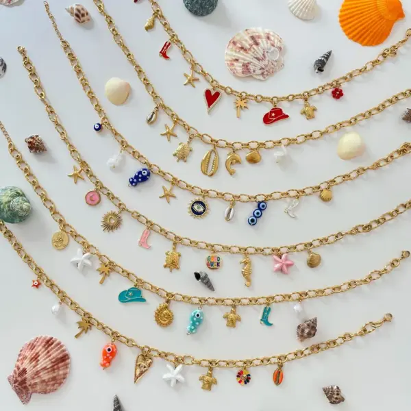 Wholesale 304 Stainless Steel Irregular Vacuum Plating Zircon 18K Gold Plated Marine Style O Subchain Figaro Chain Lobster Trigger Clasp Closure Multi Charms Necklace