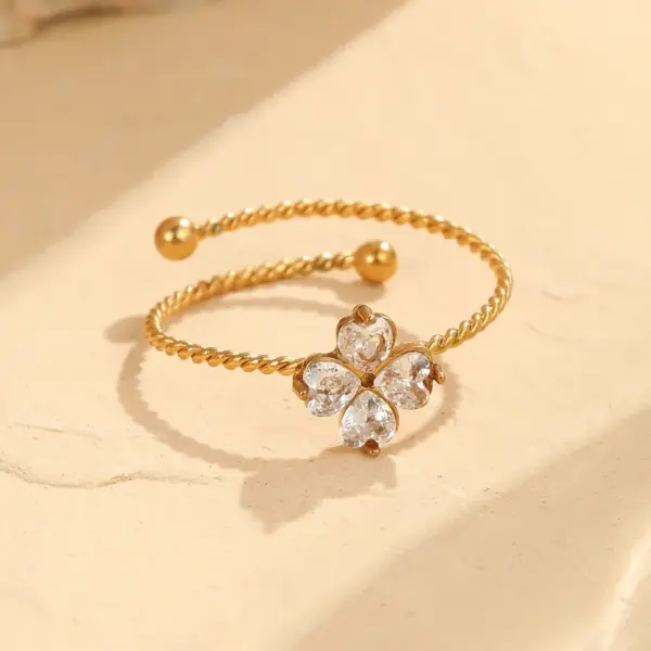 Wholesale PVD Coated Real Gold Plated Four Leaf Clover 304 Stainless Steel Basic Retro Modern Style Waterproof Non Tarnish Adjustable Ring